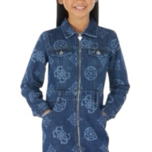 Guess Kids Monogram Denim Dress with Pockets - Picture 1 of 6